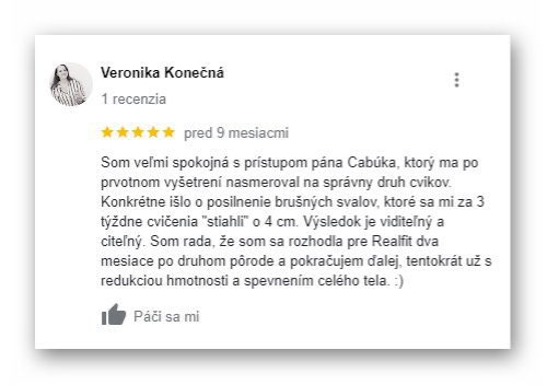 recenzia na trénerov v Realfit Prešov z Google